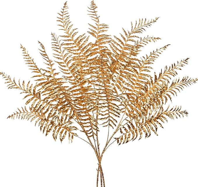 GnFlus 30” Artificial Gold Ferns Leaves Stems Christmas Long Branch 3Pcs Fake Leave Flower Tall for Christmas Tree DIY Xmas Wreath Garland Arrangment Vase
