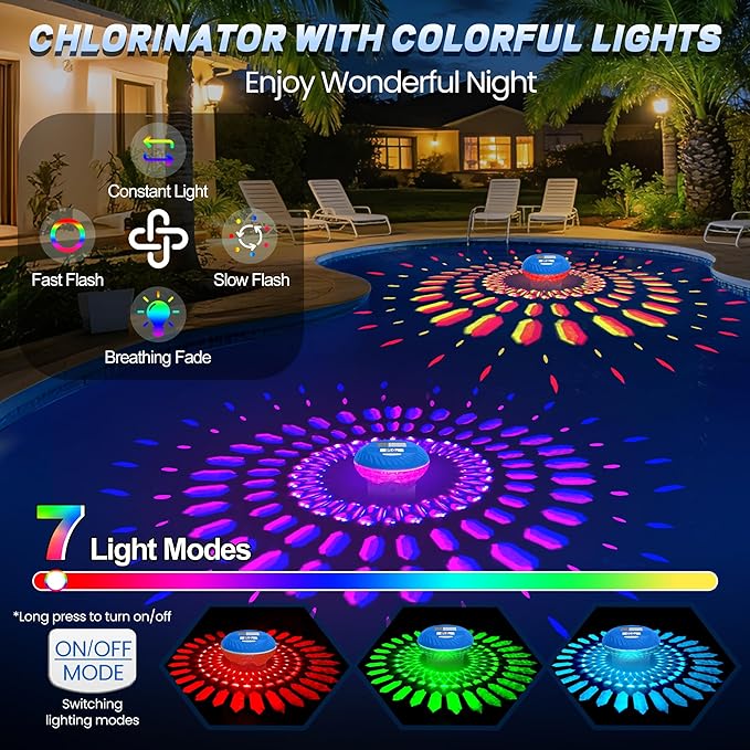 2026 Upgraded Pool Chlorine Floater with Thermometer, Digital Screen Pool Chlorine Floater,Solar Pool Chlorine Floaters with Light, Button Control Floating Chlorine Dispenser for Pool (Blue)