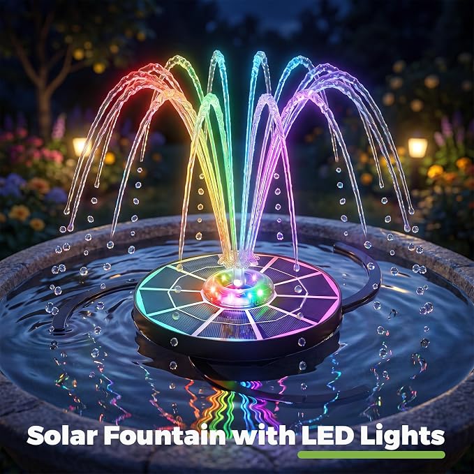 AISITIN 4W Solar Fountain with Lights, Chargeable Solar Bird Bath Fountains Built-in 2200mAh Battery, 2026 Upgrade Glass Panel Solar Water Pump for Bird Bath, Garden, Pond, Pool, Fish Tank, Aquarium
