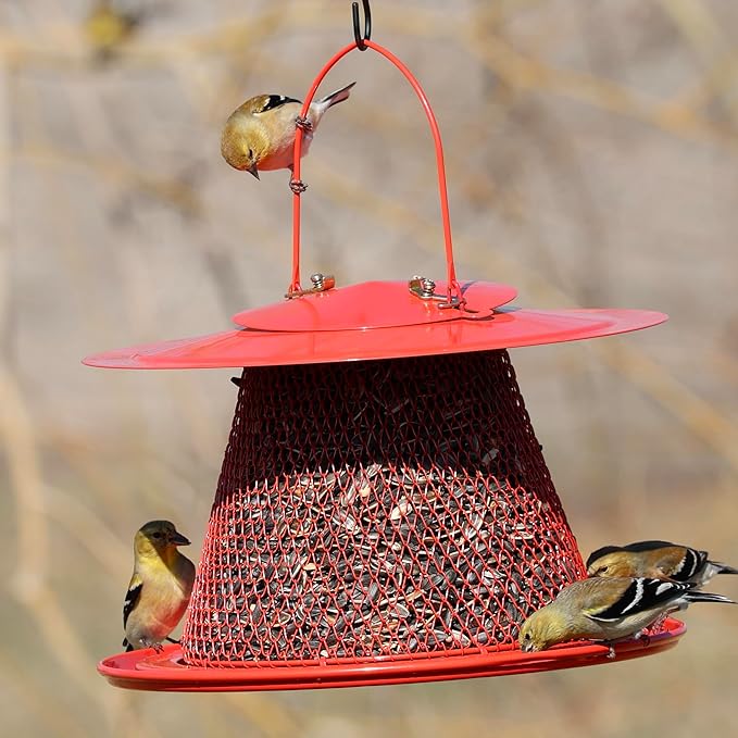 Collapsible Metal Mesh Bird Feeder with Tray - Red Cardinal Bird Feeder - Holds 12 Cups of Sunflower Seeds