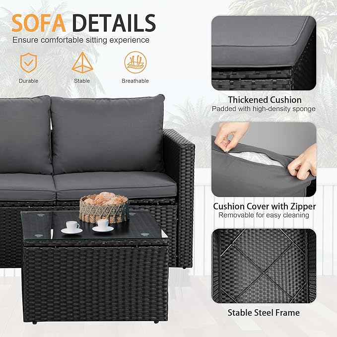 Shintenchi 4 Pieces Patio Furniture Sets, Outdoor Sofa Patio Sectional Sets All Weather, Wicker Rattan Seating Sofa Couch withwith Cushions & Coffee Table for Yard, Garden, Porch, Poolside (Gray)