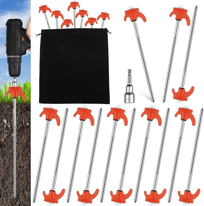 Yaocom 20 Pcs 8" Screw in Tent Stakes Heavy Duty Tent Stakes Drillable Ground Anchors Screw Metal Tent Pegs Threaded Tent Spikes with Head Driver for Swing Inflatable Decor (Orange)