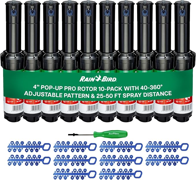 Rain Bird 5000 Rotor with Nozzle Tree 10 Pack (5000RCTREE) + Rotor Screwdriver Tool (CPRTOOL) - 3/4 inch Inlet for Water Efficient 4 inch Pop Up, Adjustable 40 - 360 Degree Arc & 25 - 50 ft Radius