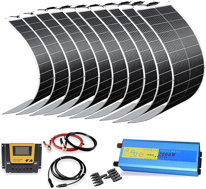 XINPUGUANG 100w Flexible Solar Panels 24V 1000W Solar System Kit Monocrystalline Cell Module 45A Controller 2000W Inverter for Off Grid Battery Charger for Cabin RV Boat Trailer