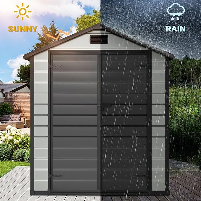 DWVO 6x4 FT Outdoor Resin Storage Shed with Floor, Waterproof Storage Shed with Lockable Door, Window and Vent, Plastic Tool Storage for Garden, Backyard, Patio, Lawn(Blue-Gray+Black)