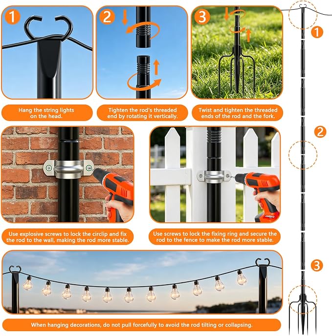 10Ft String Light Poles 6 Pack,Poles for Outdoor String Lights with Fork and Fence Clamp,Hanging Lights Metal Stand Post for Deck Patio Backyard Garden Decorations
