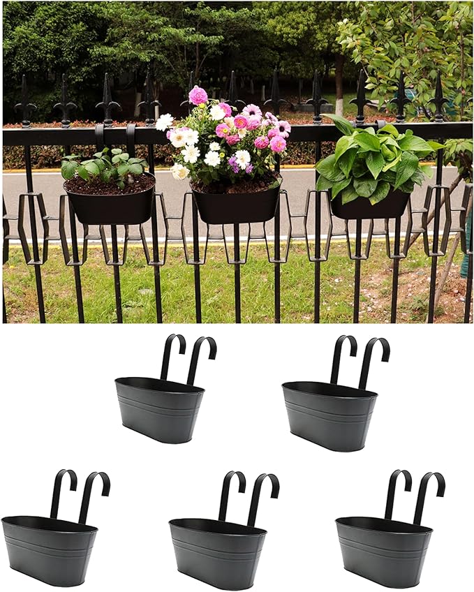 Cornasee 10.6" Metal Railing Planter for Fence/Balcony/Window/Outdoor, 5-Pack Hanging Planters Vintage Flower Pot with Detachable Hooks for Strawberry,Herb,Cactus Black