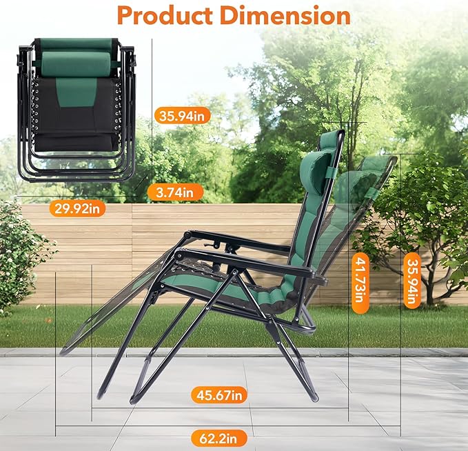 Sweetcrispy Zero Gravity Chairs, Foldable Patio Reclining Chairs with Adjustable Pillow & Cup Holder, Oversized Portable Support 400 lbs, for Backyard Camping(Black-Green)