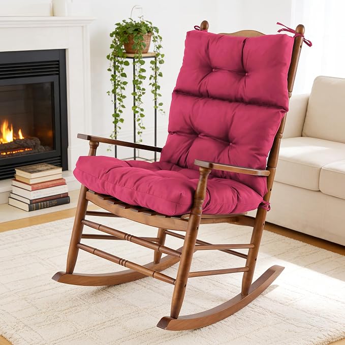 Rocking Chair Cushion, Waterproof and Fade-Resistant Adirondack Rocker Cushions, Indoor/Outdoor Rocking Chair Pads, High Back Memory Foam Patio Furniture Cushions with Ties, 44x23x4 Inch, Burgundy