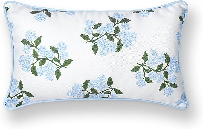 Hofdeco Premium Coastal Patio Indoor Outdoor Lumbar Pillow Cover Only, 12"x20" Water Repellent for Backyard, Couch, Baby Blue Print Hydrangea Flower