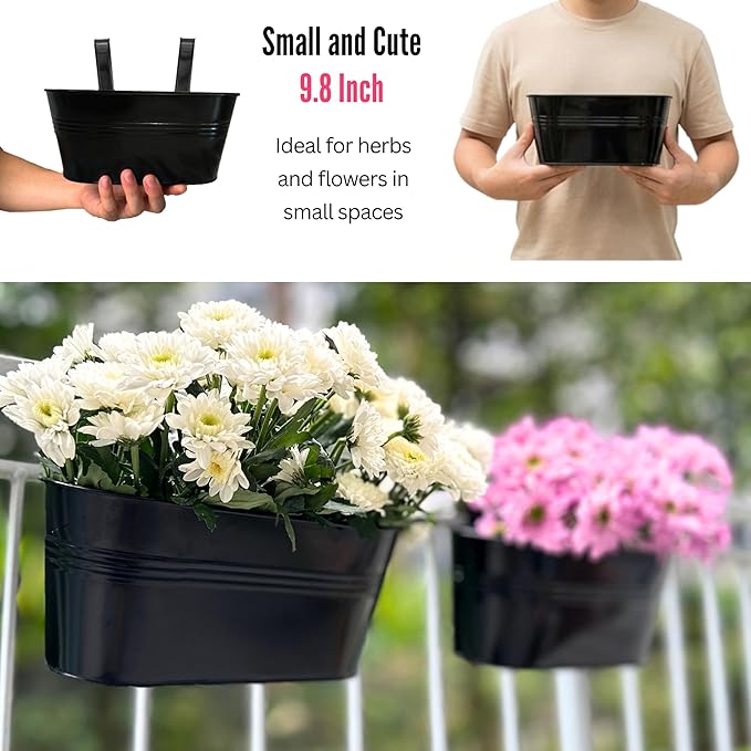 LaLaGreen Rail Planter Outdoor Plants (6 Pack, 9.8 Inch) Small and Cute Black Metal Iron Hanging Flower Pot Deck Railing Fence Buckets Countryside Style Window Box Plant Holder Hooks Porch Decor