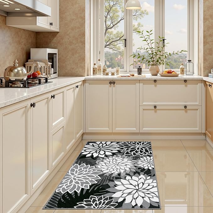 Arenarug 2x3 Washable Small Rug Tropical Botanical Modern Floral Indoor Chenille Door Mat Carpet Non Slip for Patio, Entry Way, Entrance, Porch, Black