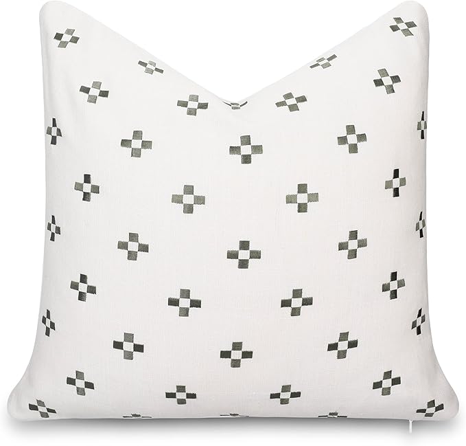 Crumbs Home Modern Farmhouse California Casual Indoor Outdoor Throw Pillow Cover, 20"x20" Water Repellent for Patio, Backyard, Couch, Poolside, Neutral Green Embroidered Small Squares