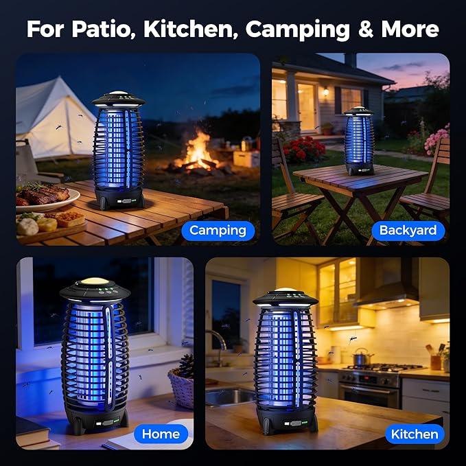 Bug Zapper Outdoor, 4-in-1 Cordless Mosquito Zapper, Rechargeable 4000mAh Waterproof Electric Mosquito Trap with Auto/SOS Mode, Portable Night Light for Camping, Patio, Backyard & Home