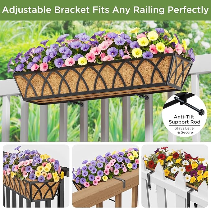 Y&M 2pcs 30'' Metal Outdoor Planter Boxes, Large Railing Mount Planters with Coco Liner for Balcony, Porch, Fence