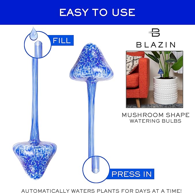 Blazin Indoor Plant Watering Globes | Mushroom Shape | Automatic Self Water Bulbs | Aqua Water Globe | Decorative Hand-Blown Glass | 4pc Deluxe Set (Large)