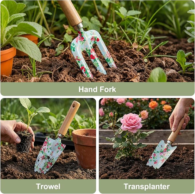 WANCHI Light Green Gardening Set, 10-Piece Garden Tool Kit with Trowel, Hoe, Shovel & Rake, Ideal Gardening Gift for Women, Mom, Grandma | Birthday Gifts for Her | Hand Tools for Small Gardens