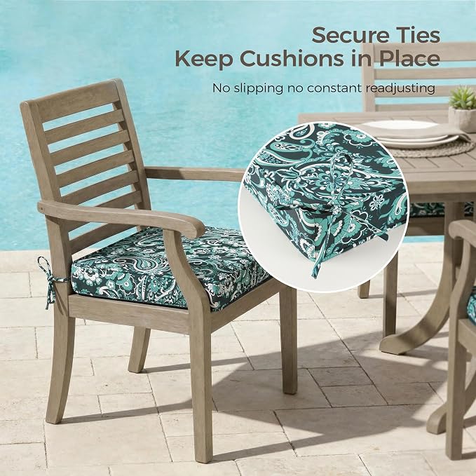 UNIKOME Outdoor Chair Cushions Set of 4, Water Resistant Patio Seat Cushions with Ties for Outdoor Furniture, High-Density Foam, UV & Fade Resistant, Piped Edge – 18.5" x 16" x 3", Boho Teal Paisley