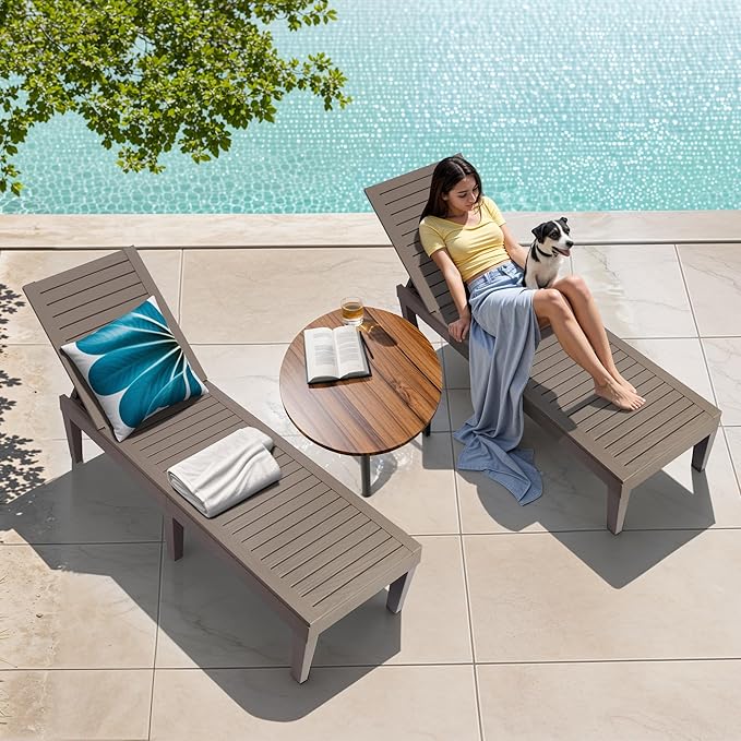 Outdoor Chaise Lounge Set of 2,Lightweight Patio Chairs,Waterproof Sun Loungers Chair Outdoor,5-Positions Adjustable Pool Lounge Chair for Garden Beach Patio Poolside Lawn and Deck,Striped Grey