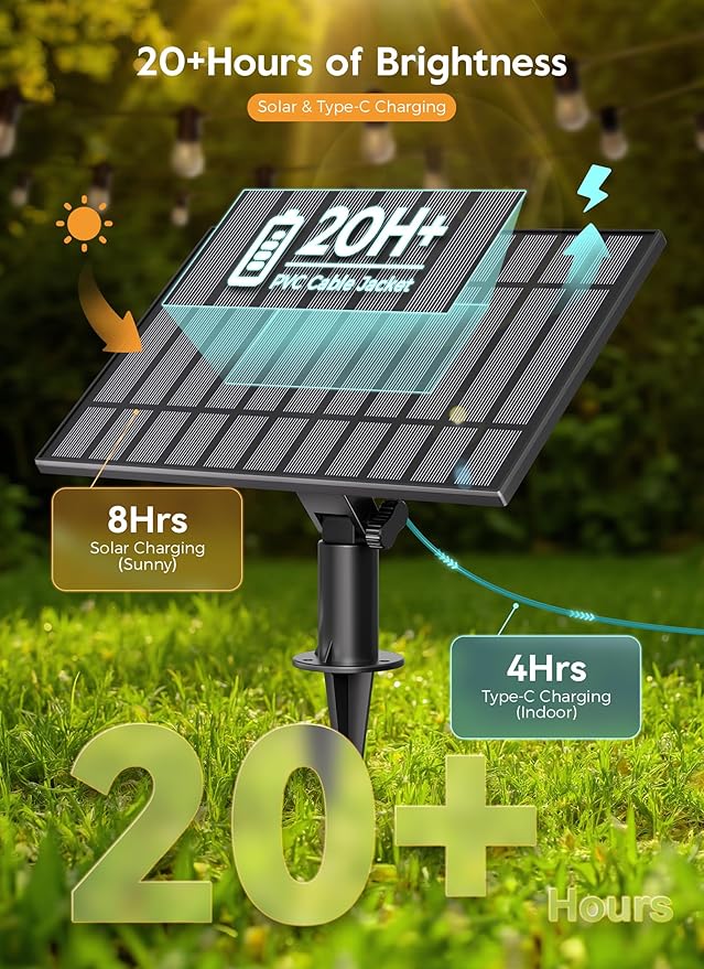 Minetom 202FT Solar String Lights Outdoor Waterproof, 65 LED S14 Shatterproof Bulb, Patio Lights with Remote Type-C Port Timable, 3 Light Modes Dimmable Solar String Lights for Outside, Yard, Camping