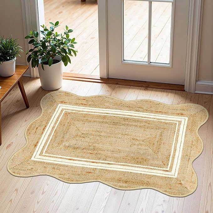 Front Door Rug - 2x3 Jute-Look Washable Doormat Indoor Outdoor Entrance Non-Slip Door Mat Farmhouse Scalloped Small Throw Rugs for Entryway Bedroom Kitchen Mat for Floor Front Porch Decor