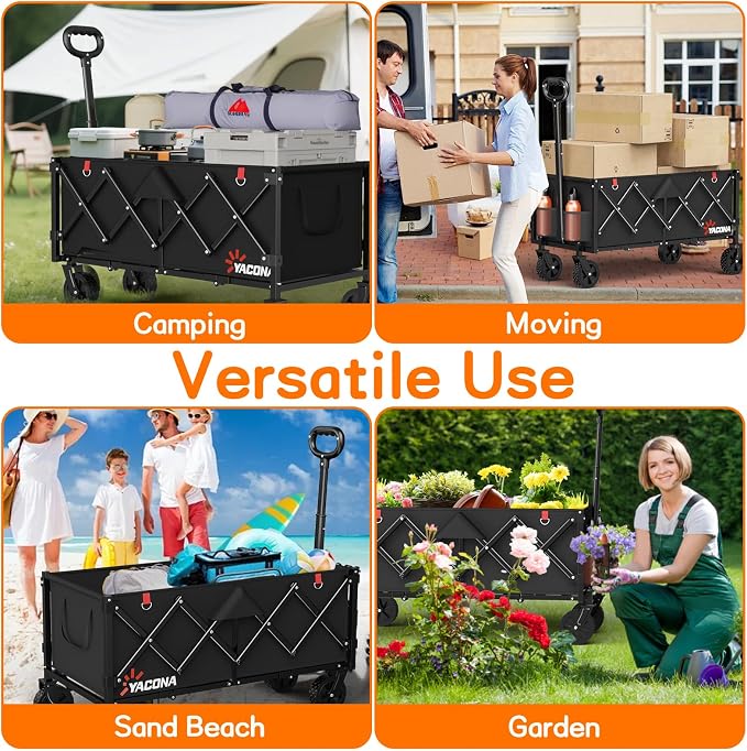 35" L Extra Long Wagons Carts Foldable, 360LBS Heavy Duty Collapsible Wagon with Wheels, Folding Wagon Portable Utility Cart for Groceries, Shopping, Camping, Sports
