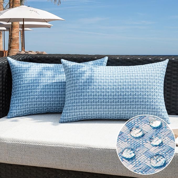 Kevin Textile Outdoor Waterproof Throw Pillow Covers Pack of 2 Boho Farmhouse Decorative Lumbar Cushion Covers for Garden Patio Tent Balcony Bench Couch Sofa 12x24 Inch, Light Blue