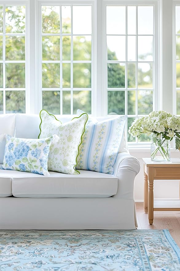 Hofdeco Premium Coastal Patio Indoor Outdoor Scalloped Throw Pillow Cover Only, 20"x20" Water Repellent for Backyard, Couch, Green Print Dahlia Floral (Pack of 2)