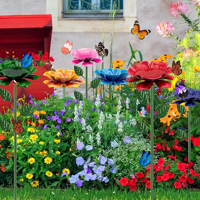 6 Pack Bee Watering Station, Bee Feeder for Garden Metal Butterfly Water Feeder with Flower Design Colorful Butterfly Bee Bath Bowl for Outdoor Garden Yard