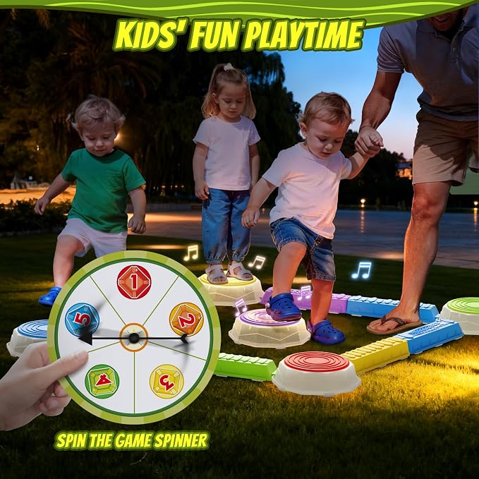 HYES Light Up Stepping Stones & Balance Beams for Kids 1-3, 13PCS Non-Slip Sensory Obstacle Course with Piano Music, Game Spinner & 30 Cards, Indoor Outdoor Toddler Toys Gifts for Boys Girls Ages 3-5