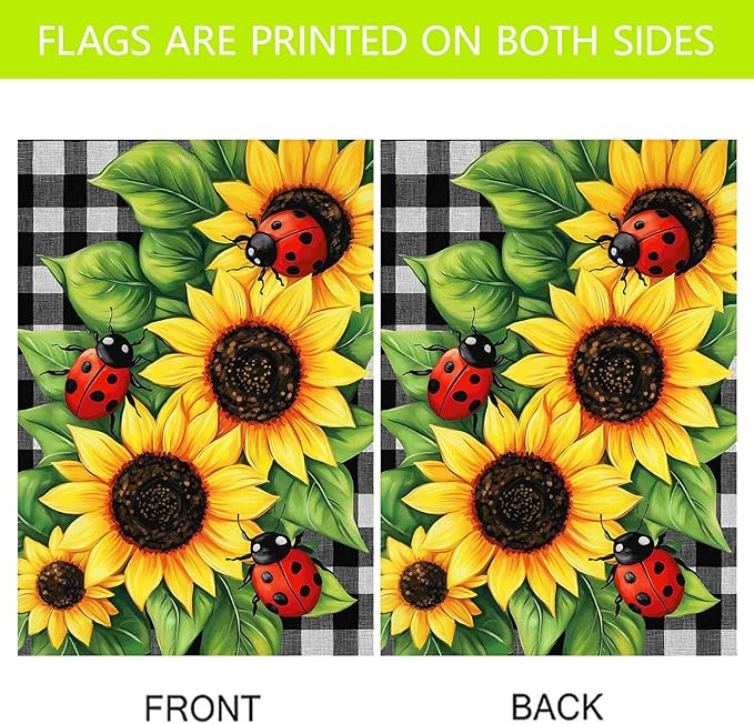 Morigins Spring Garden Flag Double Sided Ladybug Sunflower Flower Buffalo Plaid Farmhouse Yard Flag Summer Seasonal 12.5×18 inch