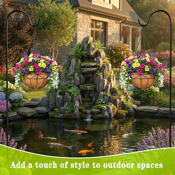 4 Pack 14 Inch Black Wire Hanging Planter with Coir Fiber Outdoor Round Hanging Basket with Metal Chain for Balcony Porch Farmhouse Country Style Garden Decor (Geometric)