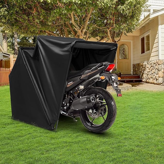 ERGOMASTER 136" x 54" x 75" Heavy Duty Motorcycle Shed, Outdoor Waterproof Tent with 600D Oxford Fabric, Roll-up Mesh Windows, Expansion Bolts