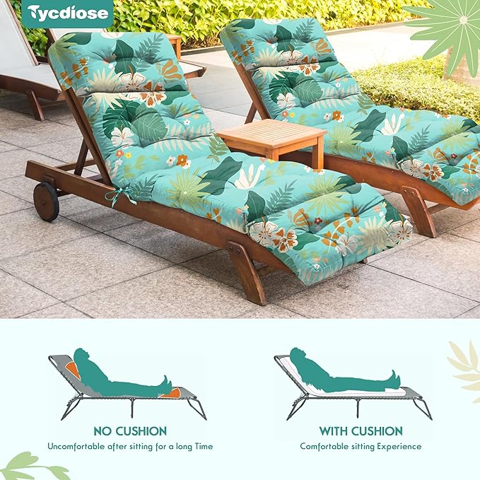 Outdoor Chaise Lounge Chair Cushion Set of 4, Waterproof 74.4 x 22 x 4.7 Inches Memory Foam Thickened Lounge Chair Cushions Replacement for Outdoor Furniture with Ties, Cyan Floral Leaf