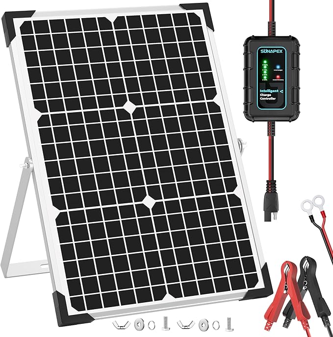 SUNAPEX 30W Solar Battery Charger: 12V Waterproof Solar Panel Kit - Aluminum Trickle Charger for Car Battery with Controller - Battery Tender Motorcycle Boat Marine RV Trailer Tractor Truck