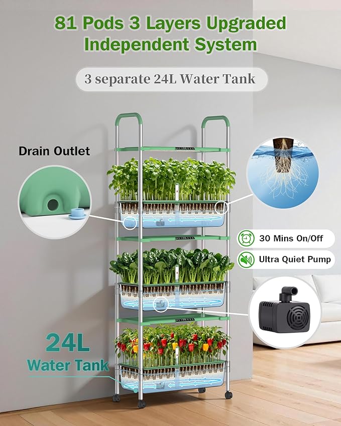 Growell Large Hydroponics Growing System Kit, Vertical Indoor Herb Garden Kit with LED Grow Light & Independent Water Pump, 42L Movable Indoor Planter Perfect Gardening Gifts (3 Tier-81 Pods Green)