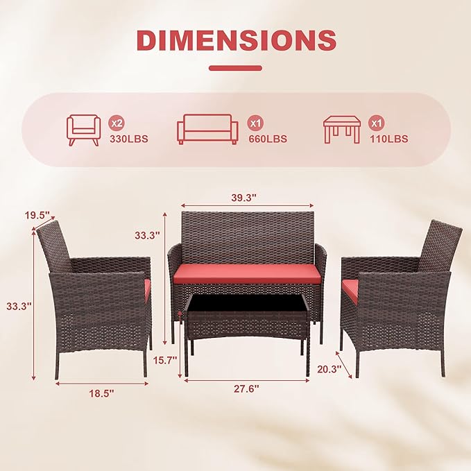 Patio Furniture Set 4 Pieces, Outdoor Patio Furniture Set with Rattan Wicker Chairs, Glass Table and Cushions for Porch, Balcony, Backyard, Garden, Poolside, Brown & Red
