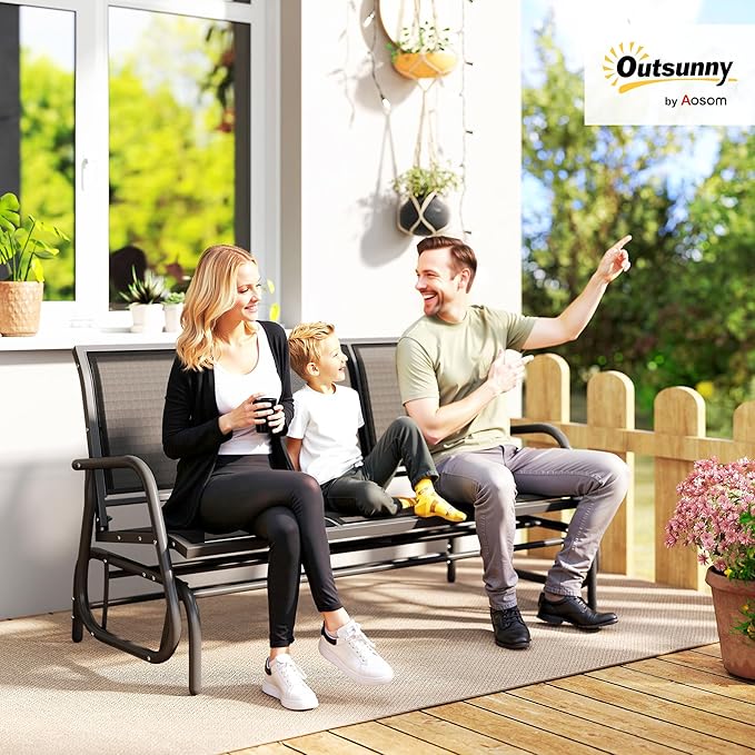 Outsunny 3-Person Patio Glider Bench, Outdoor Porch Glider Swing with 3 Seats, Breathable Mesh Fabric, Metal Frame, Black