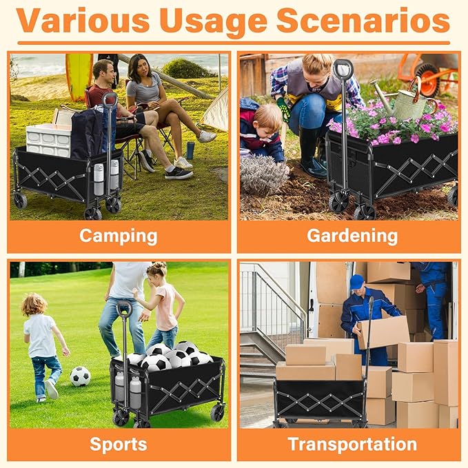 Wagons Carts Foldable,360lbs Collapsible Wagon with Wheels, Lightweight Foldable Wagon Cart with Drink Holders for Camping,Travel,Picnic,Shopping,Sports,Storage,Fashion Black