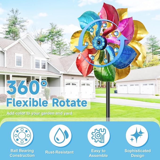 Double Sided Wind Spinner Outdoor Metal Wind Sculpture with Adjustable Height Pole & 5 Prong Base, Rainbow Floral Kinetic Wind Art Decor for Yard Garden Lawn Patio Outside Decoration