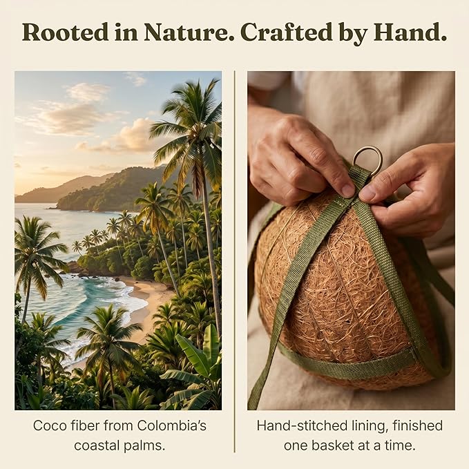 12 Inch Handmade Coco Fiber Hanging Basket 2 Pack - Plant Hanger for Outdoor Plants - Natural Boho Rustic Coconut Coir Compact Decorative Flower Pot Holder for Porch Patio Balcony Garden Yard