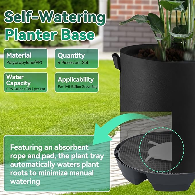 OTraki 4 Pack Self Watering Fabric Pot Base with 5 Gallon Grow Bag | Auto Watering System for 5 Gallon Fabric Pots, Planter Fabric Plant Grow Bag, for Garden Indoor Outdoor Greenhouse