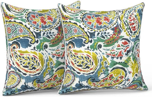 LVTXIII Outdoor Throw Pillows 18x18 Patio Waterproof Square Pillows with Piping Fade Resistant Accent Pillow for Spring Summer Garden Decoration, Set of 2, Paradise Paisley