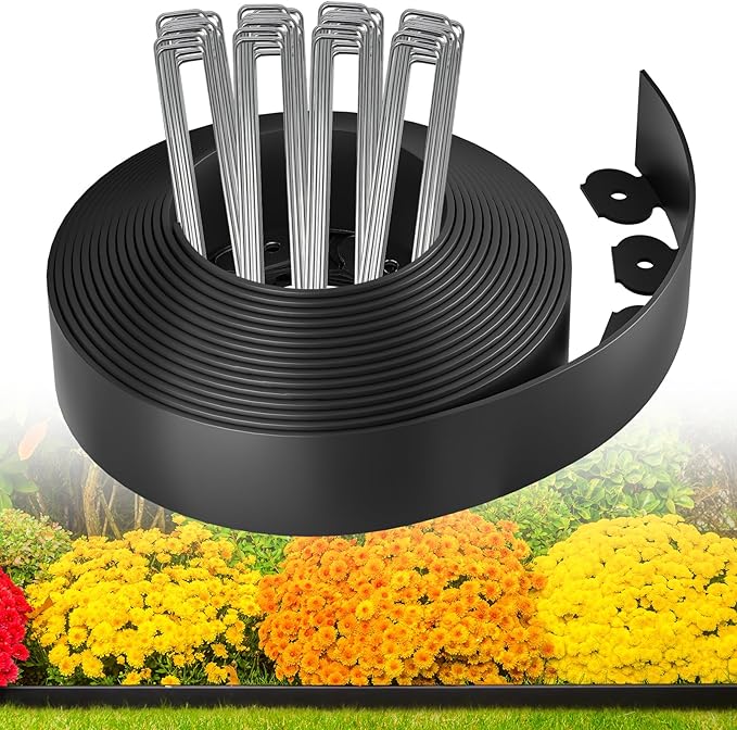 MIXC Garden Edging Border, 66FT 4 Inch Tall Plastic Landscape Edging with 100 U-Shaped Metal Stakes, More Stable and Flexible Tool-Free Lawn Border for Yard, Flower Bed & Landscaping