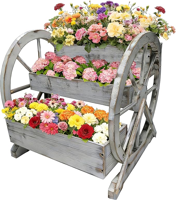 3 Tier Large Wooden Wagon Planter Box|Outdoor Planter/Flower Pot for Indoor&Outdoor Plants-Rustic Garden Planter for Patio,Porch&Garden Decor-Raised Garden Bed for Succulents,Herbs,Vegetables