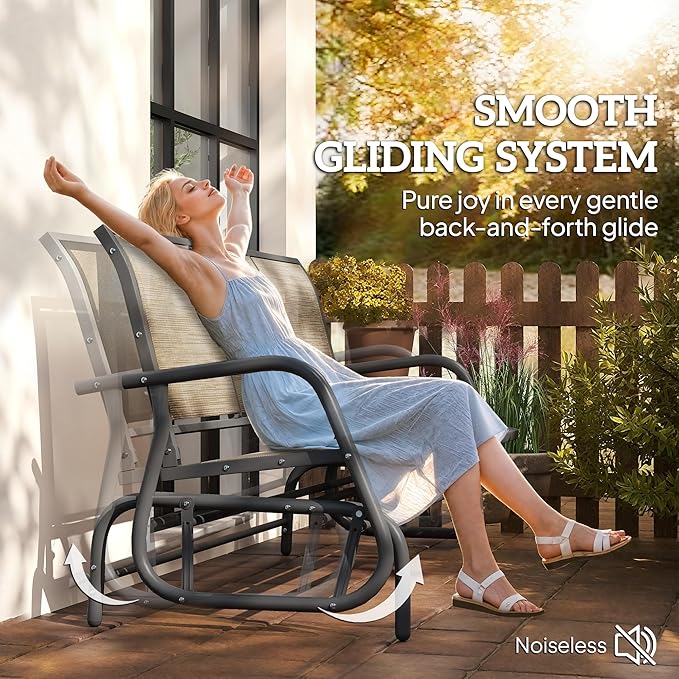 Outsunny 3-Person Patio Glider Bench, Outdoor Porch Glider Swing with 3 Seats, Breathable Mesh Fabric, Metal Frame, Light Mixed Brown