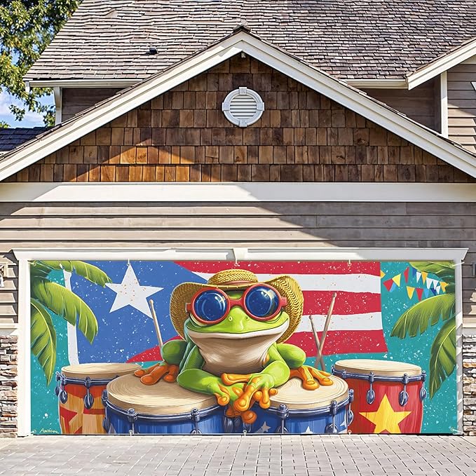7 * 16FT Summer Puerto Rico Garage Door Cover Decorations Sunset Palm Trees Garage Door Banner for Outdoor Indoor Summer Party Photography Backdrop