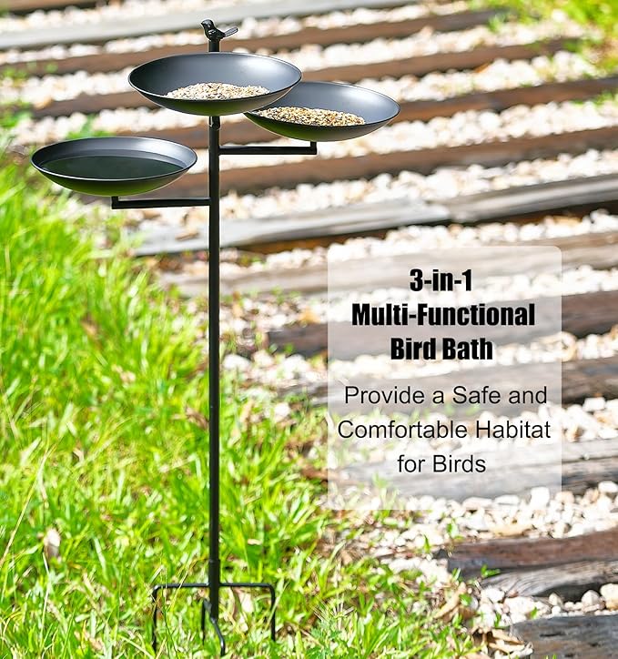 44" H Bird Bath and Feeder for Outside, 3 in 1 Metal Birdbaths for Outdoors, with 4-Prong Stake Base for Outdoors Yard Garden Patio, Black