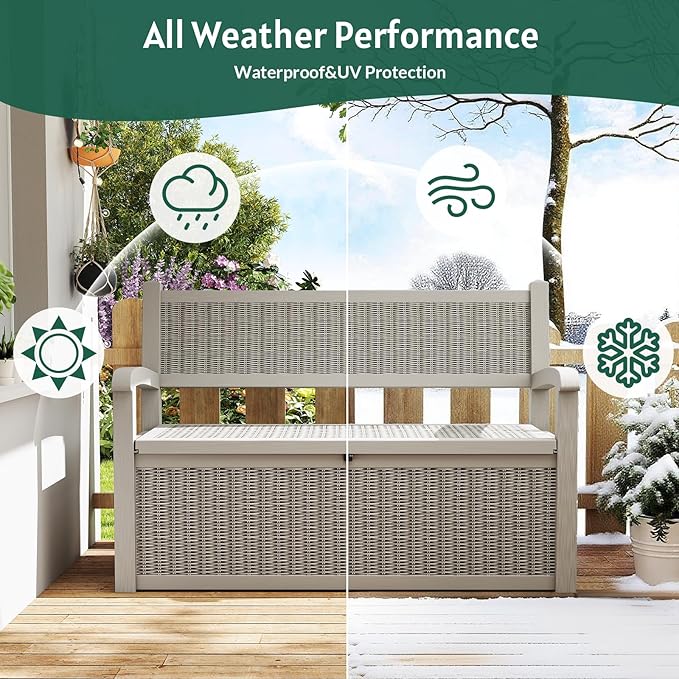 Skepphlay 70 Gallon Storage Bench Deck Box Outdoor, Deck Storage Bench Outside, Lockable Outdoor Benches with Armrest & Back, Deck Boxes Waterproof for Pool Patio Garden (Grey)