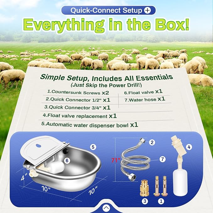 Automatic Animal Drinking Water Bowl with Float Valve, Extended Pipe, Stainless Steel Waterer Feeder Farm Dog Dispenser Kit Self Filling for Livestock Horse Goat Water Trough
